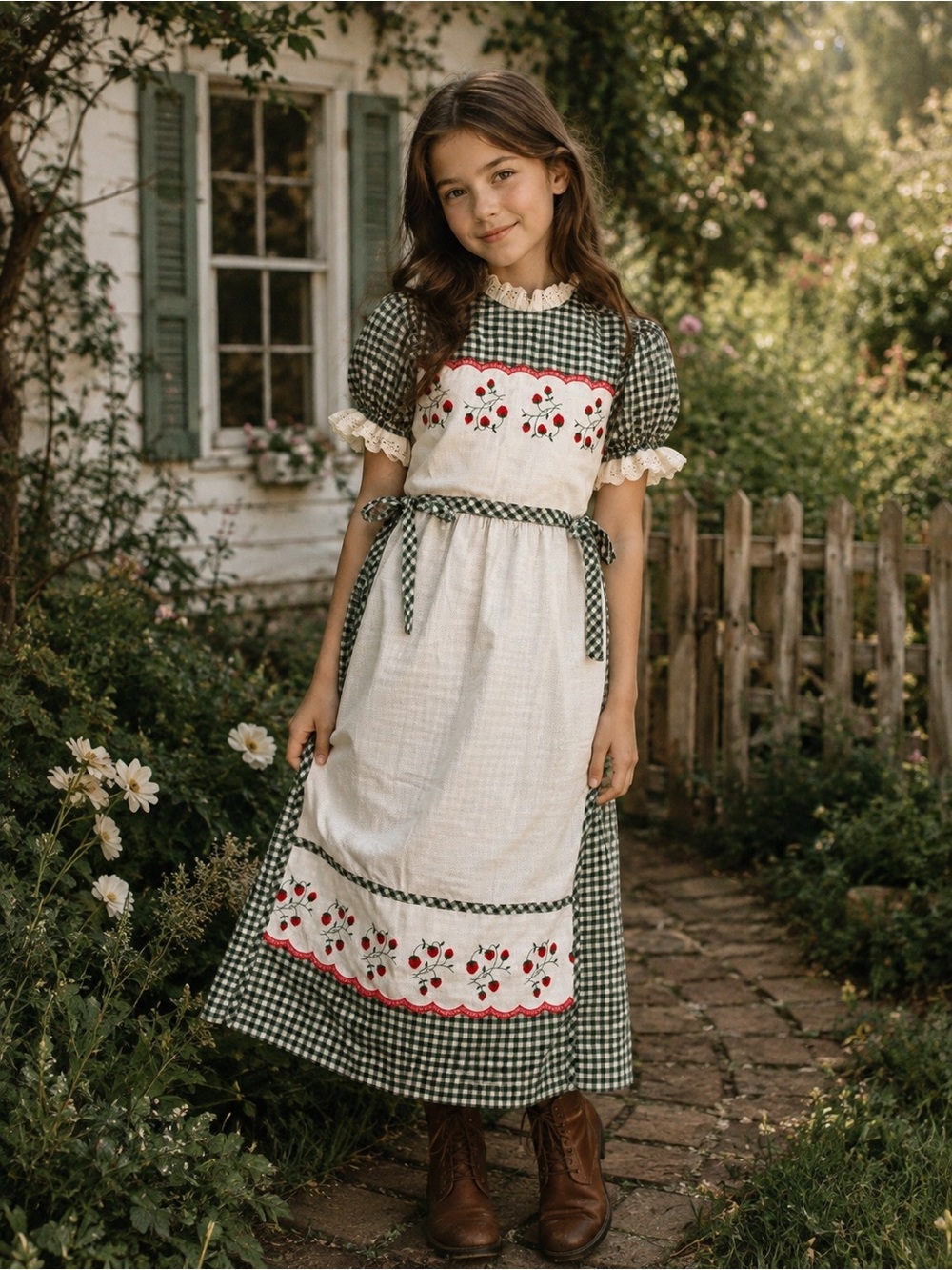 VINTAGE YOUNGLAND 1980s Girls Strawberry Gingham Prairie Dress 10/12 Cottagecore